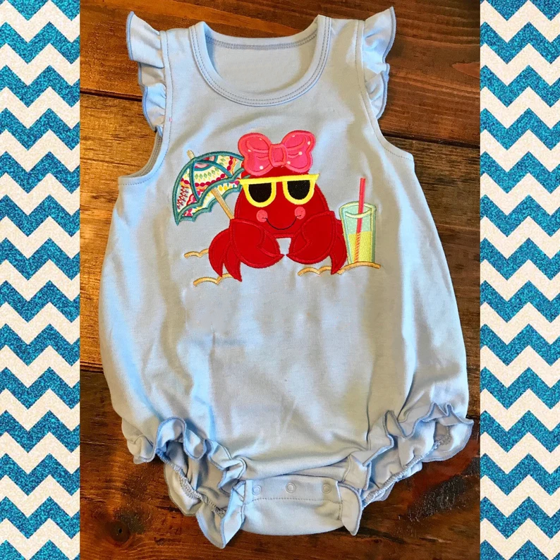 ( Moq 5 ) Preorder Baby Girls Infant Short Sleeves Bows Crab Bubble Romper