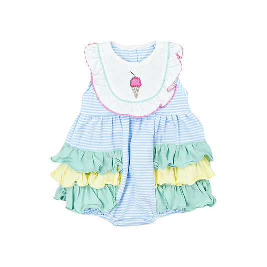 ( Moq 5 ) Preorder Baby Girls Sleeveless Popsicle Stripes Ruffle Bubble Romper