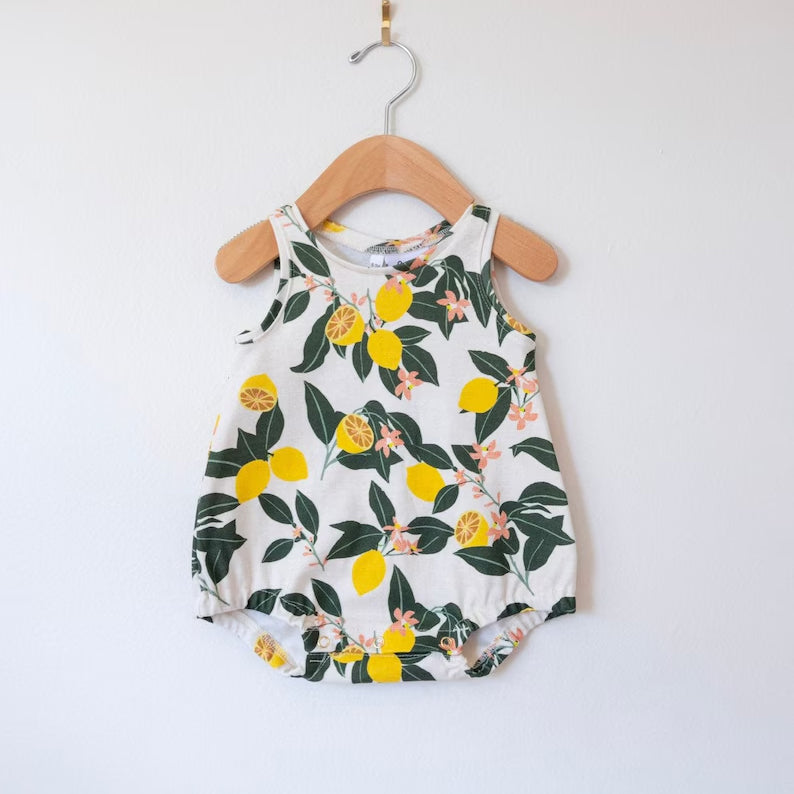 ( Moq 5 ) Preorder Baby Girls Infant Sleeveless Lemons Flower Bubble Romper