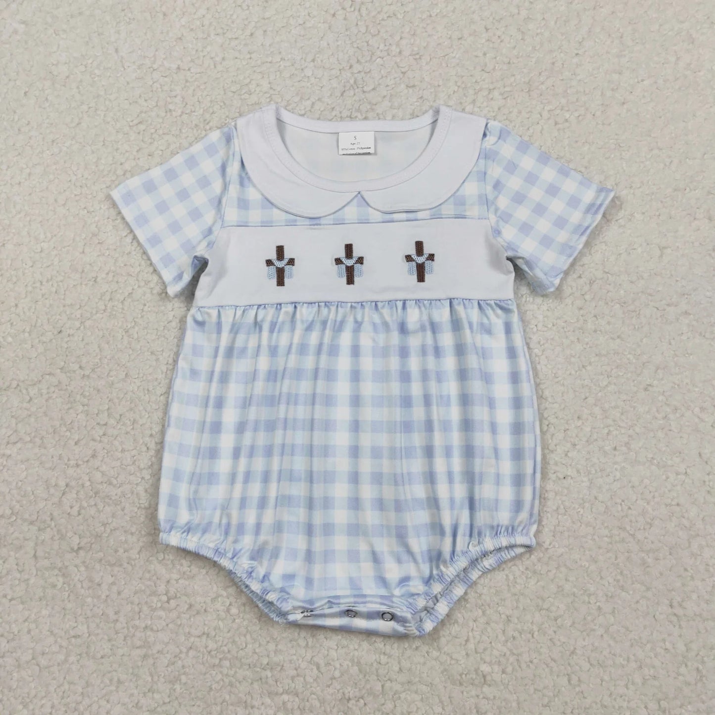Sibling Baby Boys Kids Short Sleeves Embroidery Crosses Plaid Easter Rompers Dress RTS