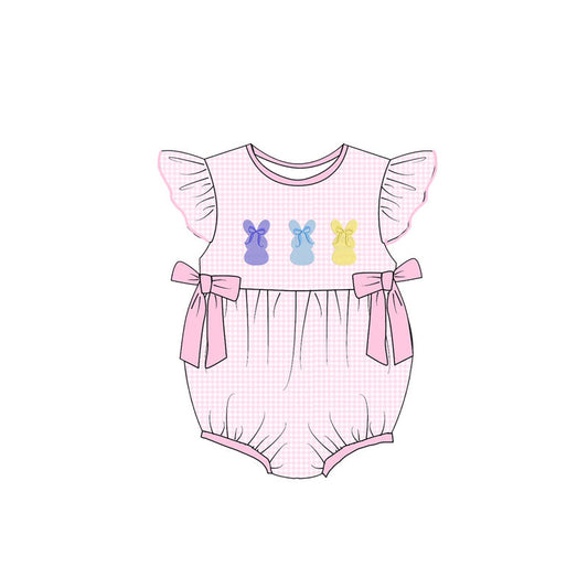 ( Moq 5 ) Preorder Baby Girls Infant Rabbits Bows Easter Pink Plaid Bubble Romper