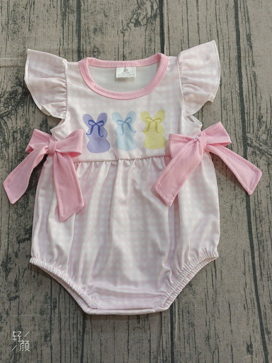 ( No moq ) Preorder Baby Girls Infant Rabbits Bows Easter Pink Plaid Bubble Romper