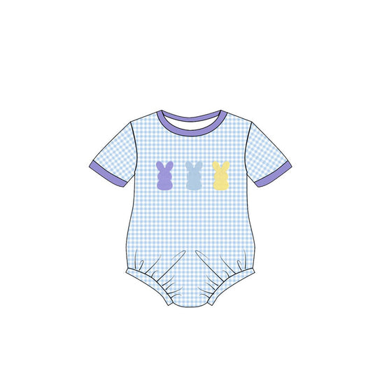 ( Moq 5 ) Preorder Baby Boys Infant Short Sleeves Rabbits Blue Plaid Bubble Romper