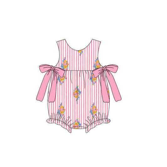 ( Moq 5 ) Preorder Baby Girls Infant Sleeveless Floral Bows Pink Stripes Bubble Romper