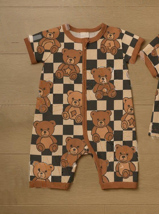 ( Moq 5 ) Preorder Baby Boys Short Sleeves Bears Checked Zipper Shorts Romper