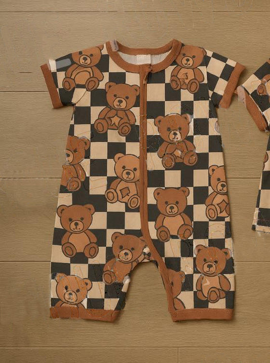 ( Moq 5 ) Preorder Baby Boys Short Sleeves Bears Checked Zipper Shorts Romper