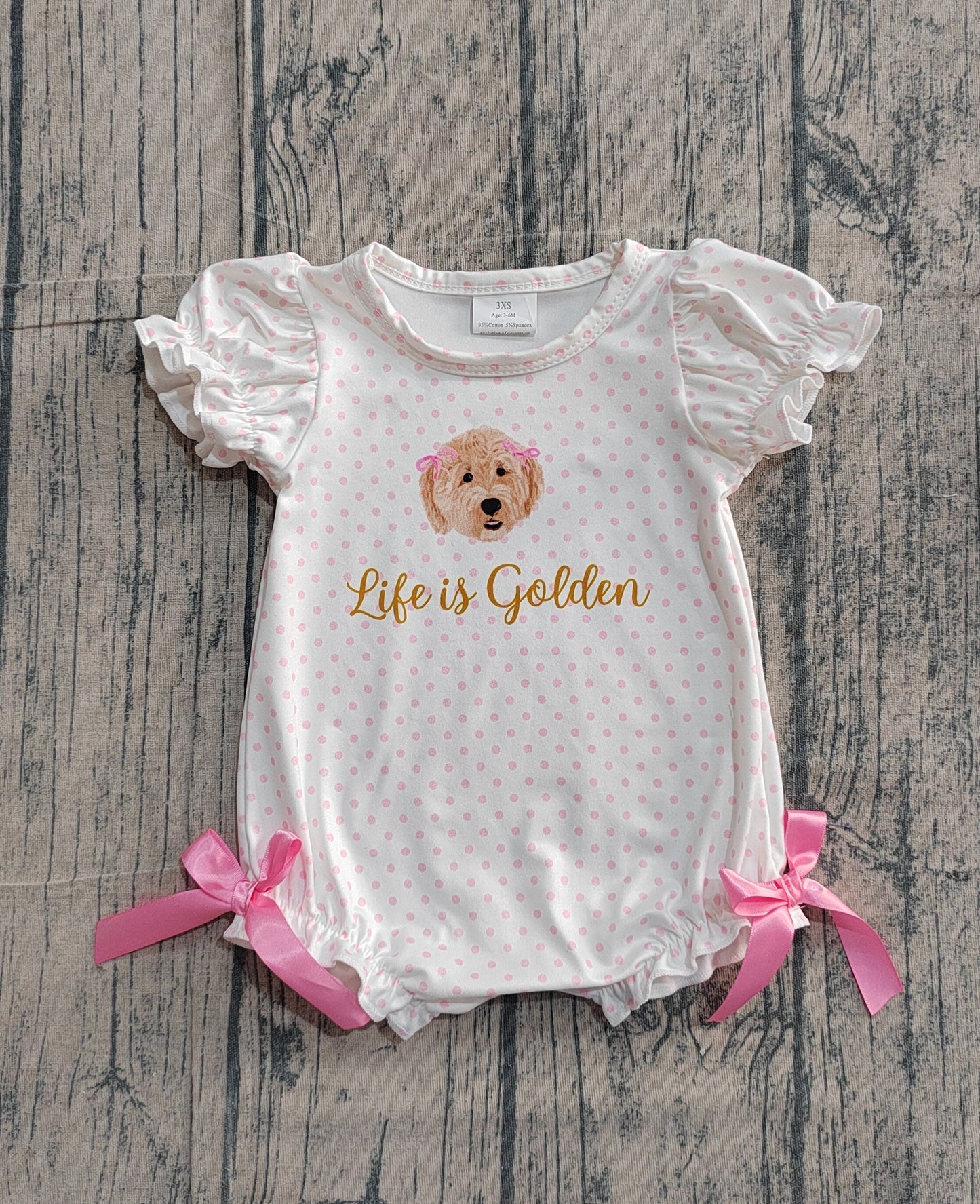 Baby Girls Infant Short Sleeves Dogs Dots Bows Bubble Romper RTS