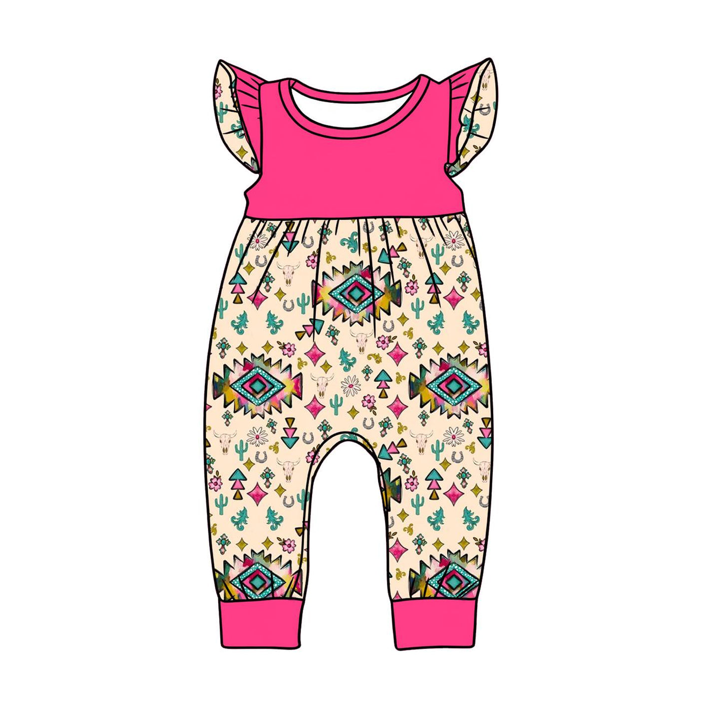 ( Moq 5 ) Preorder Baby Girls Infant Short Sleeves Western Aztec Floral Cactus Romper