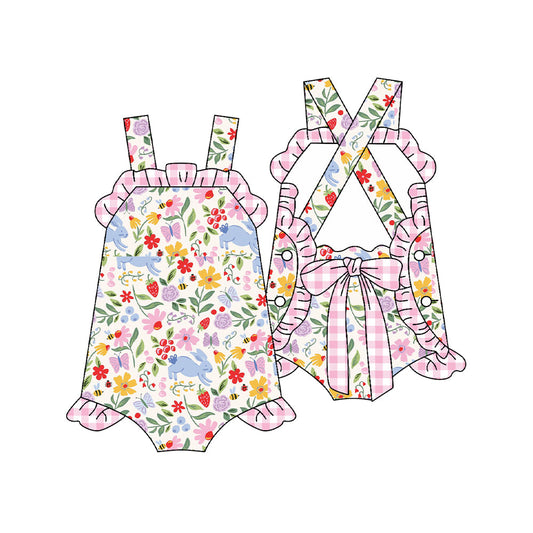 ( Moq 5 ) Preorder Baby Girls Infant Rabbits Flower Bows Easter Plaid Ruffle Romper