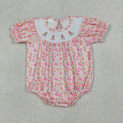 Sibling Baby Girls Kids Short Sleeves Embroidery Rabbits Bows Flower Easter Romper Dress RTS