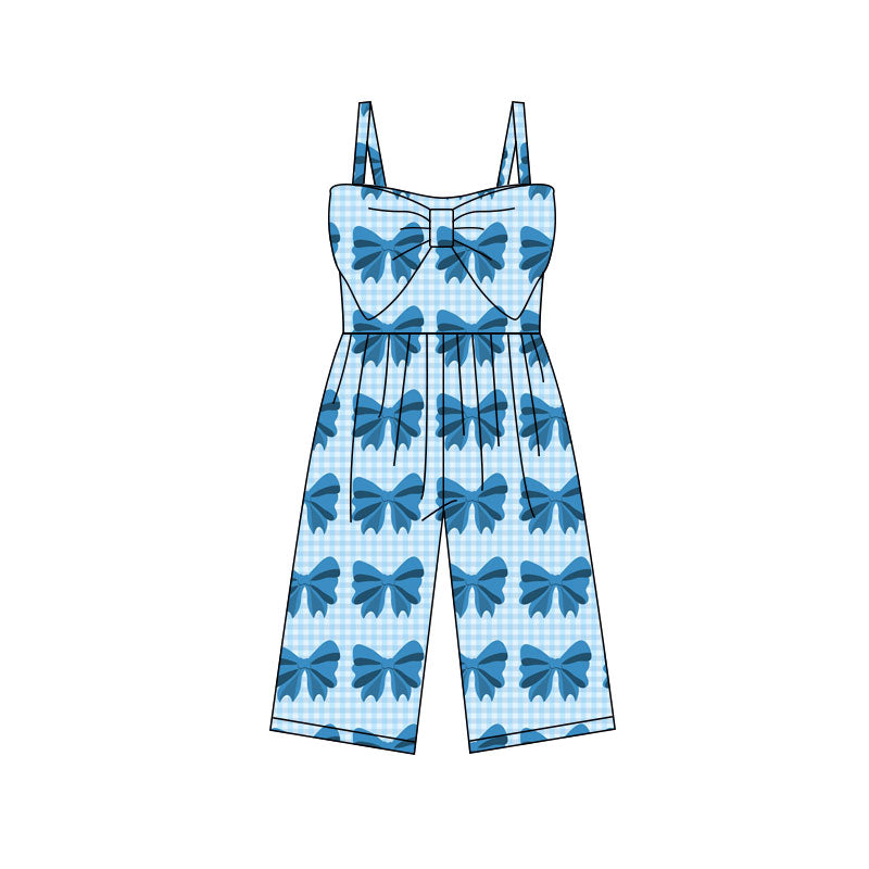 ( Moq 5 ) Preorder Baby Girls Kids Straps Bows Blue Plaid Pants Jumpsuit