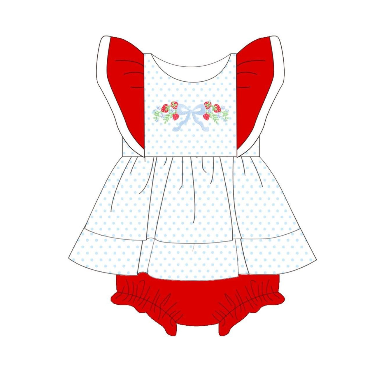 ( Moq 5 ) Preorder Baby Girls Short Sleeves Strawberry Bows Dots Tunic Red Bummie Romper