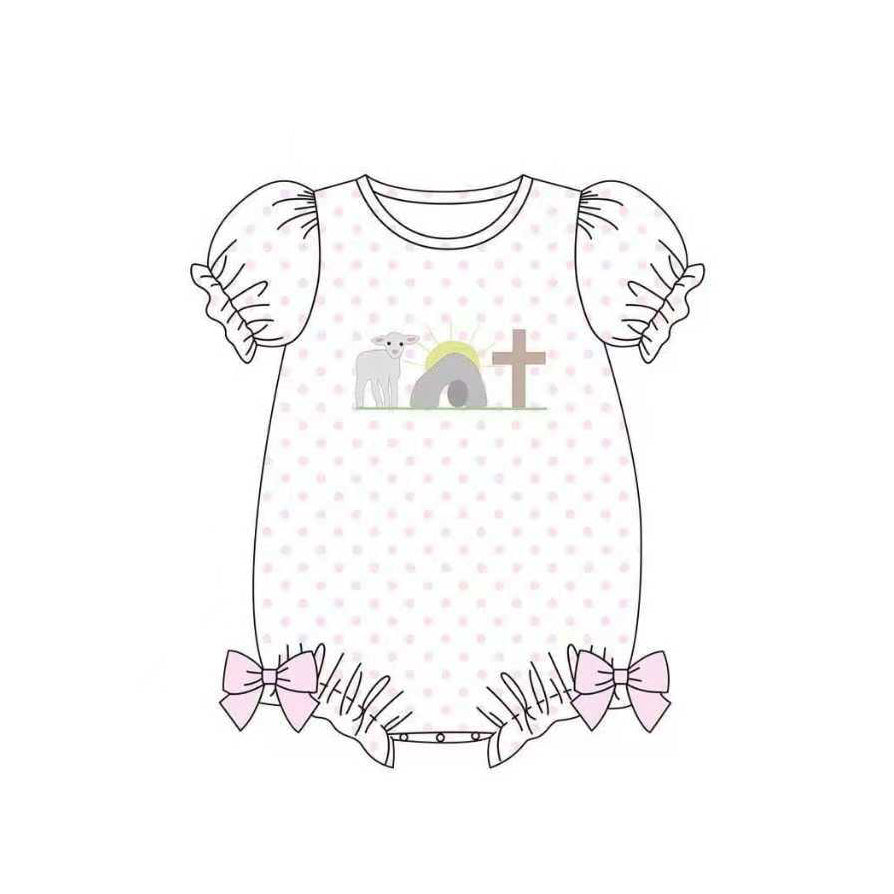 ( Moq 5 ) Preorder Baby Girls Infant Short Sleeves Cross Dots Bows Easter Bubble Romper