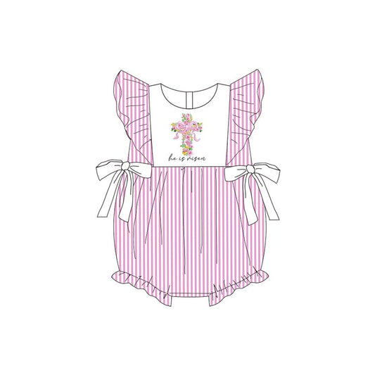 ( Moq 5 ) Preorder Baby Girls Short Sleeves Flower Cross Easter Pink Stripes Bows Romper