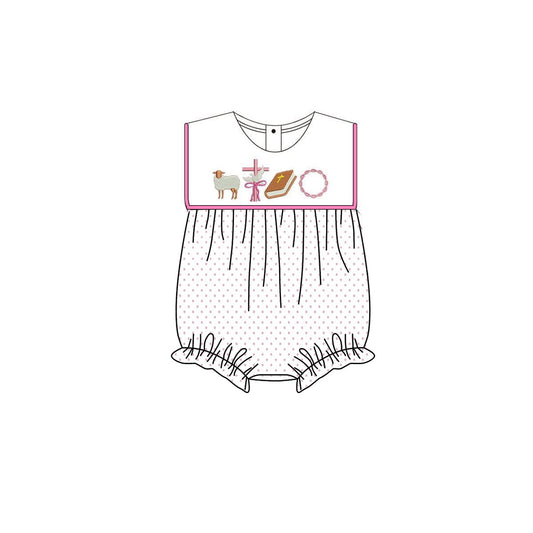 ( Moq 5 ) Preorder Baby Girls Infant Sleeveless Crosses Dots Easter Bubble Romper
