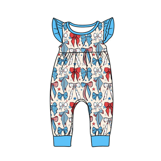 ( Moq 5 ) Preorder Baby Girls Short Sleeves Red Blue Stars Bows 4th of July Romper