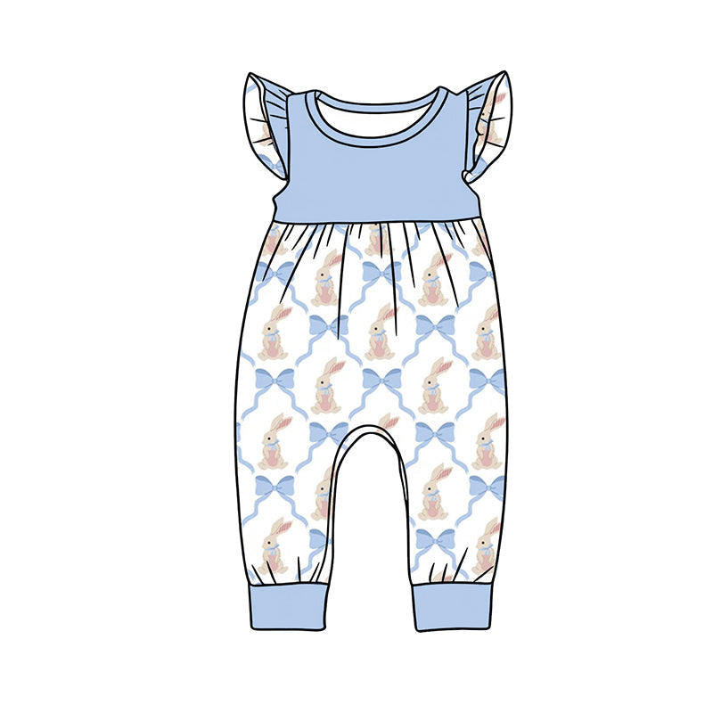 ( Moq 5 ) Preorder Baby Girls Short Sleeves Blue Bows Rabbits Easter Romper