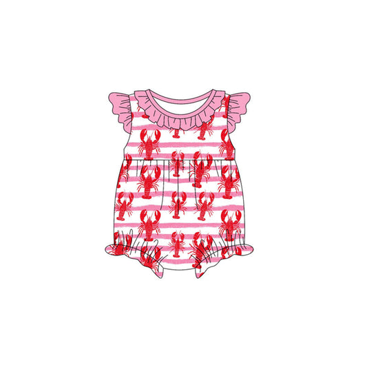 ( Moq 5 ) Preorder Baby Girls Infant Short Sleeves Crawfish Stripes Bubble Romper