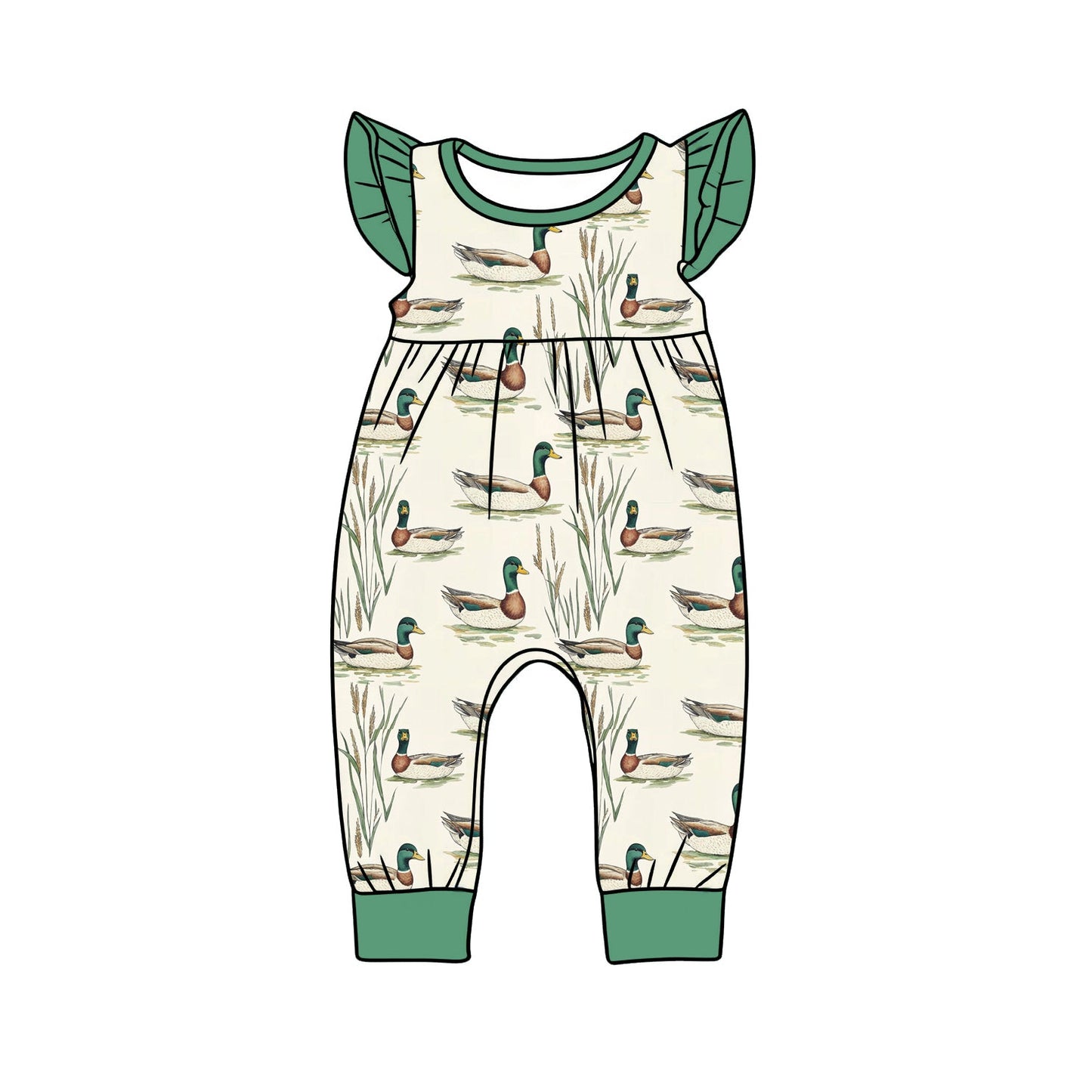 ( Moq 5 ) Preorder Baby Girls Infant Green Short Sleeves Ducks Romper