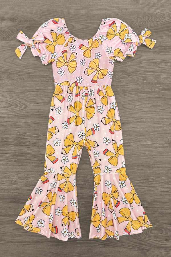 ( Moq 5 ) Preorder Baby Girls Short Sleeves Pencil Bows Flower Back to School Bell Pant Jumpsuit