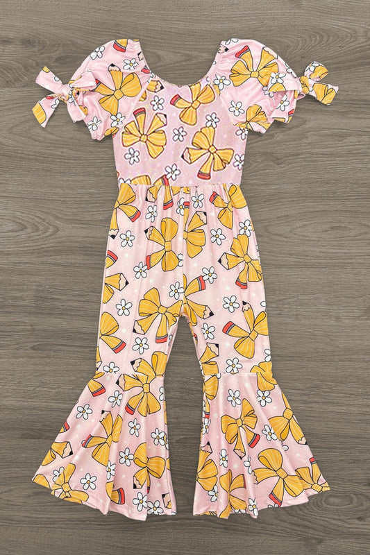 ( Moq 5 ) Preorder Baby Girls Short Sleeves Pencil Bows Flower Back to School Bell Pant Jumpsuit