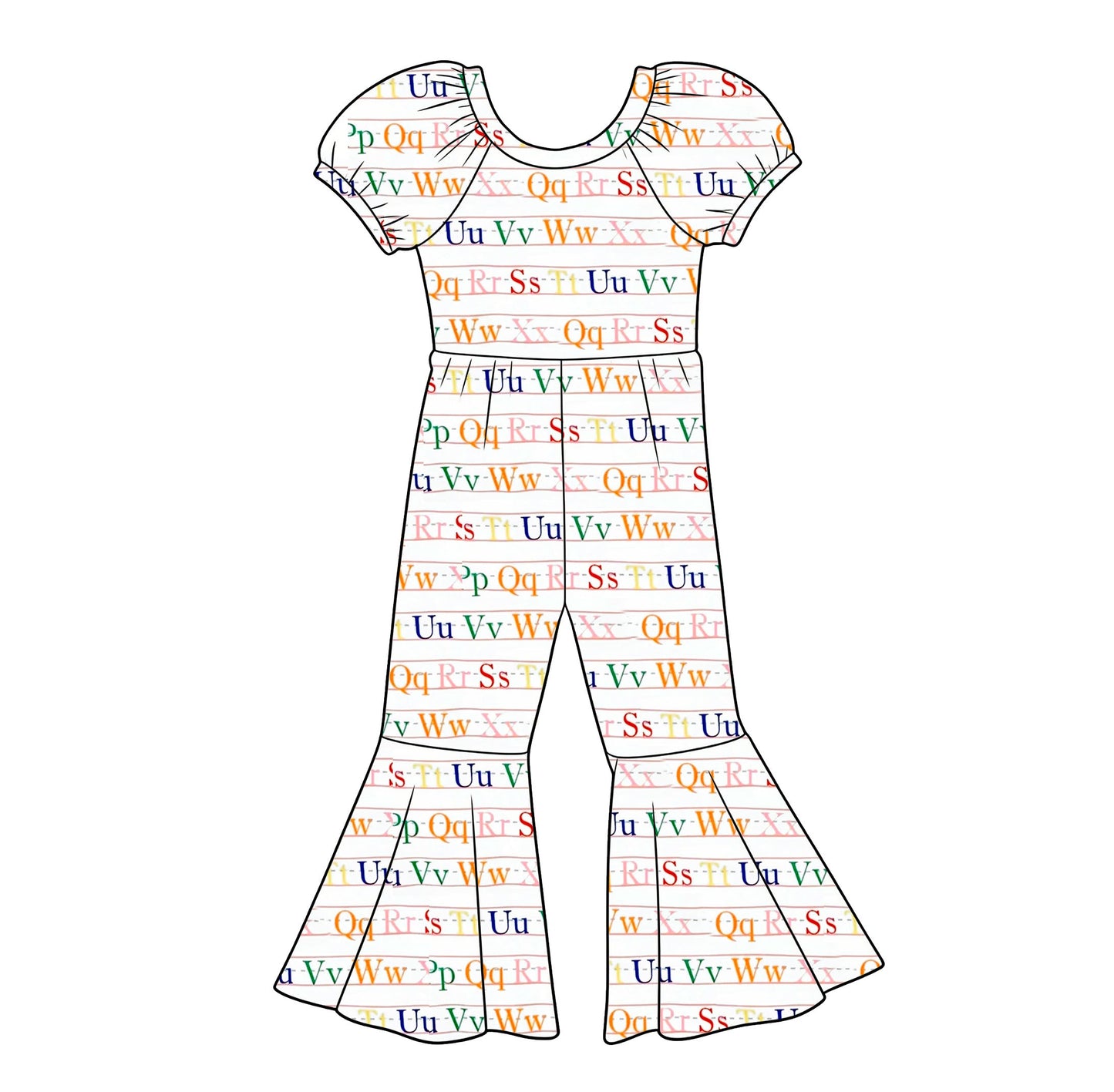 ( Moq 5 ) Preorder Baby Girls Short Sleeves Letters Stripes Back to School Bell Pant Jumpsuit