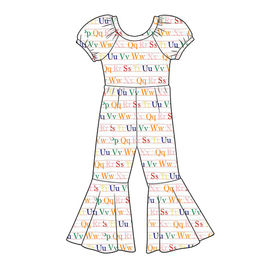 ( Moq 5 ) Preorder Baby Girls Short Sleeves Letters Stripes Back to School Bell Pant Jumpsuit