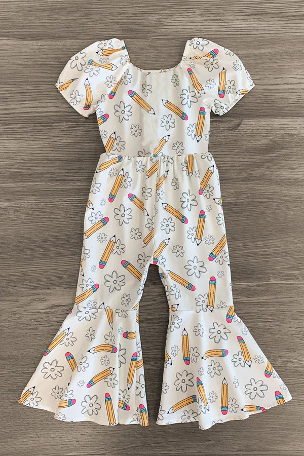 ( Moq 5 ) Preorder Baby Girls Short Sleeves Pencil Flower Back to School Bell Pant Jumpsuit