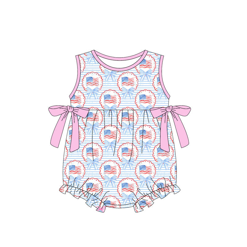 ( Moq 5 ) Preorder Baby Girls Sleeveless Flags Bows 4th of July Bubble Romper
