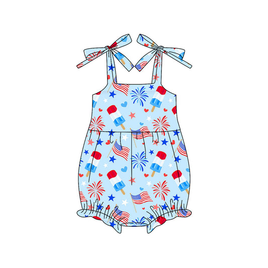 ( Moq 5 ) Preorder Baby Girls Straps Popsicles Flags 4th of July Bubble Romper