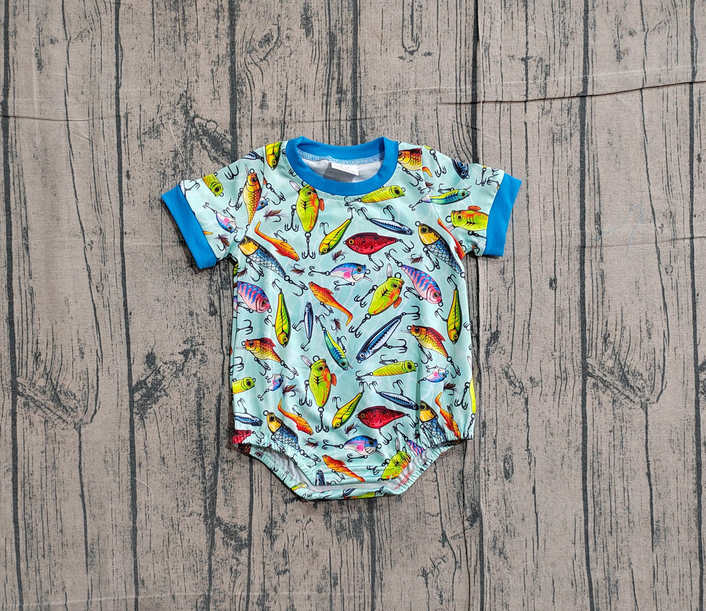 Baby Boys Kids Short Sleeves Fishing Green Bubble Romper RTS