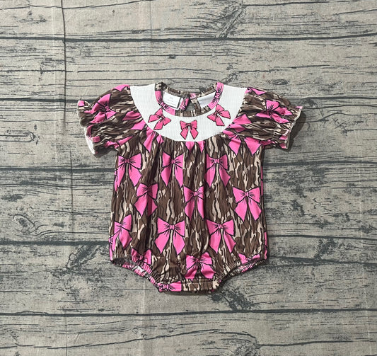 ( No moq ) Preorder Baby Girls Short Sleeves Embroidery Bows Southern Camo Smocked Bubble Romper