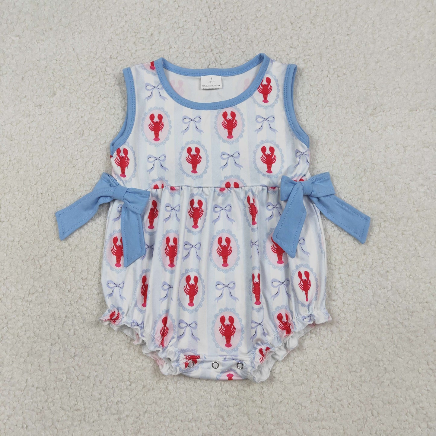 Sibling Baby Girls Kids Sleeveless Crawfish Blue Bows Stripes 4th of July Romper Dress Set RTS
