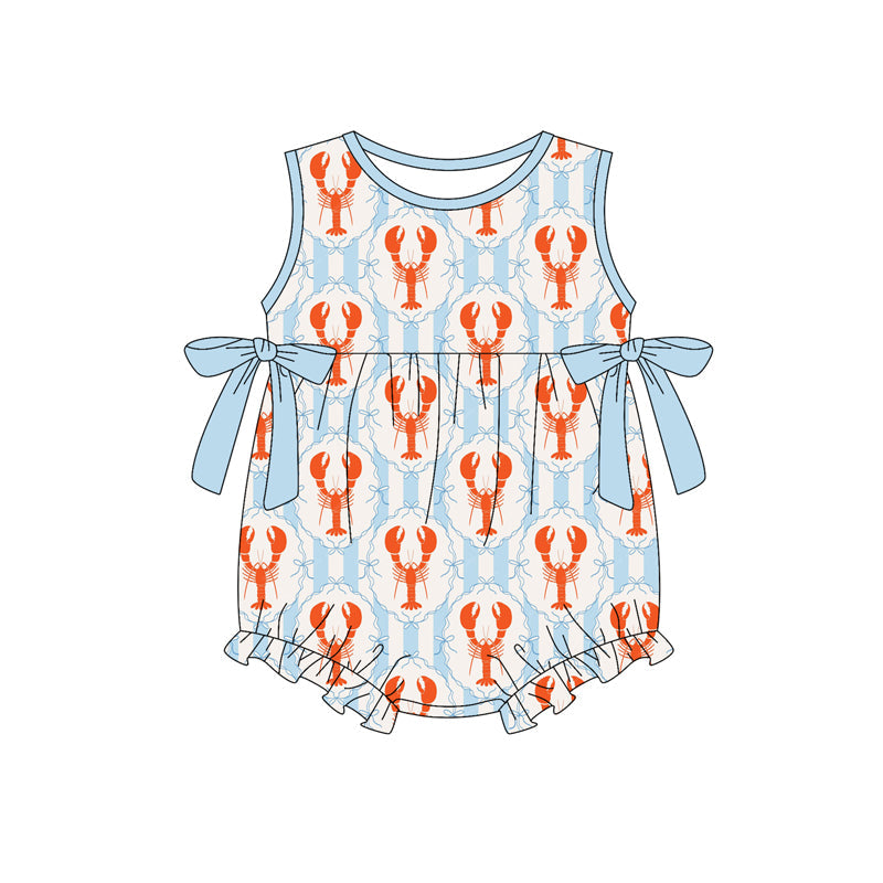 ( Moq 5 ) Preorder Baby Girls Infant Sleeveless Blue Bows Crayfish Bubble Romper