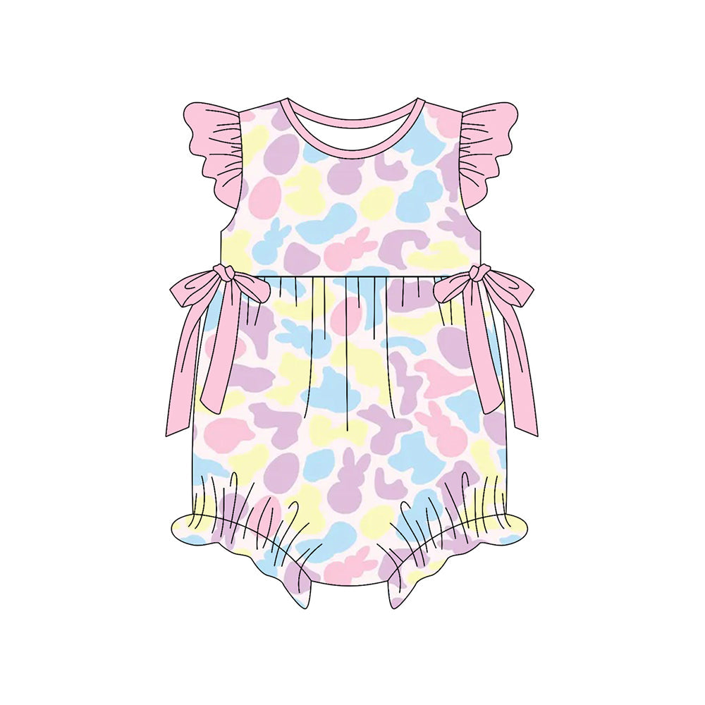 ( Moq 5 ) Preorder Baby Girls Infant Short Sleeves Rabbits Camo Bows Easter Romper