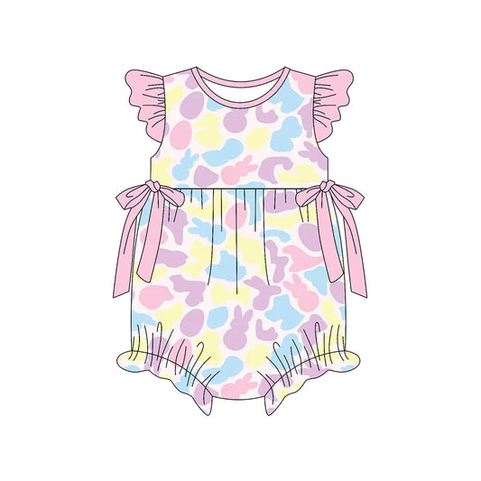 ( Moq 5 ) Preorder Baby Girls Infant Short Sleeves Rabbits Camo Bows Easter Romper