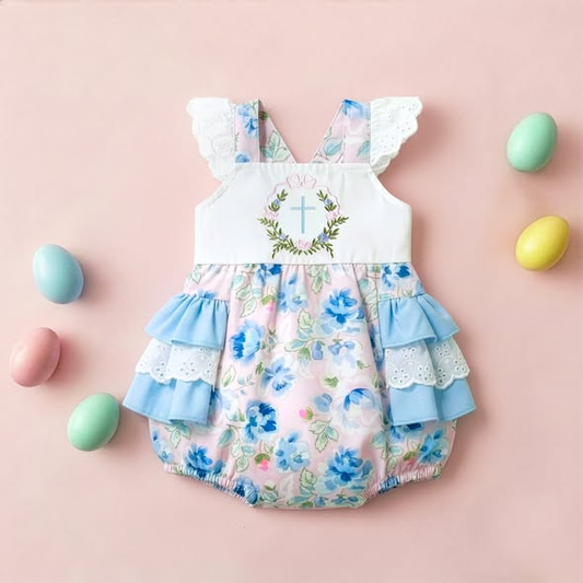 ( Moq 5 )  Preorder Baby Girls Short Sleeves Cross Flower Bubble Ruffle Romper