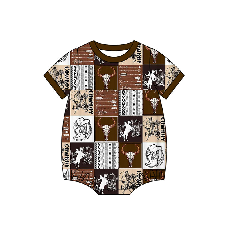 ( Moq 5 ) Preorder Baby Boys Short Sleeves Cowboy Boots Western Bubble Romper