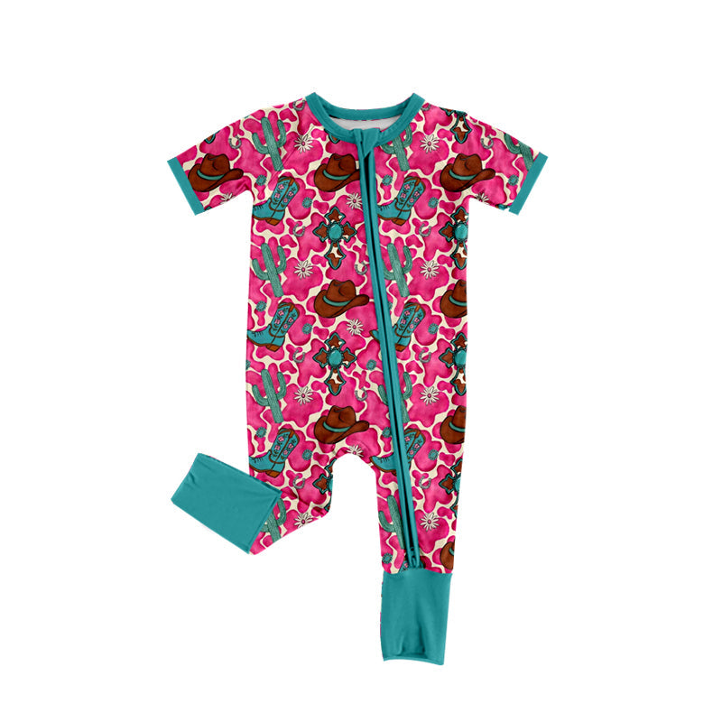 ( Moq 5 ) Preorder Baby Girls Cactus Boots Pink Cow Print Crosses Easter Zipper Romper