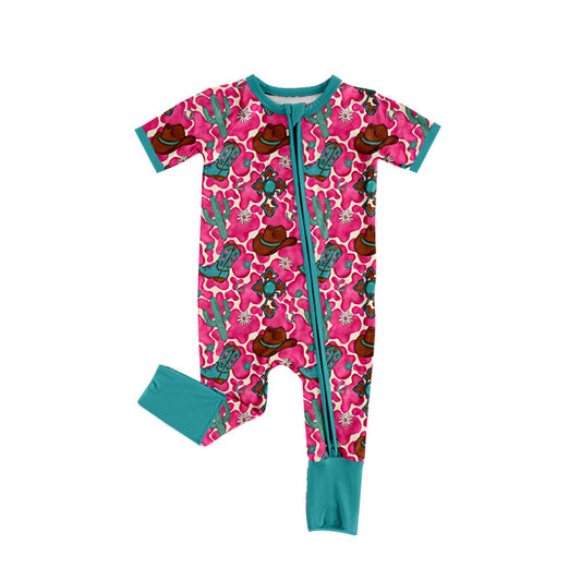 ( Moq 5 ) Preorder Baby Girls Cactus Boots Pink Cow Print Crosses Easter Zipper Romper