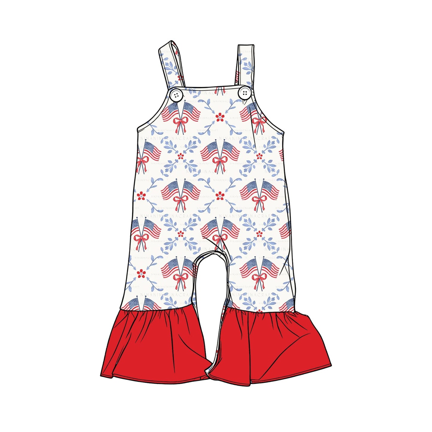 ( Moq 5 ) Preorder Baby Girls Sleeveless Flags Bows Flower 4th of July Jumpsuit