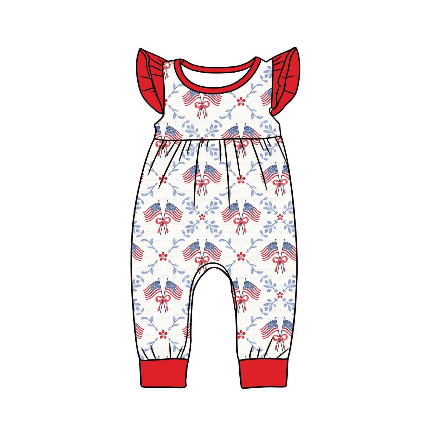 ( Moq 5 ) Preorder Baby Girls Short Sleeves Flags Bows Flower 4th of July Romper