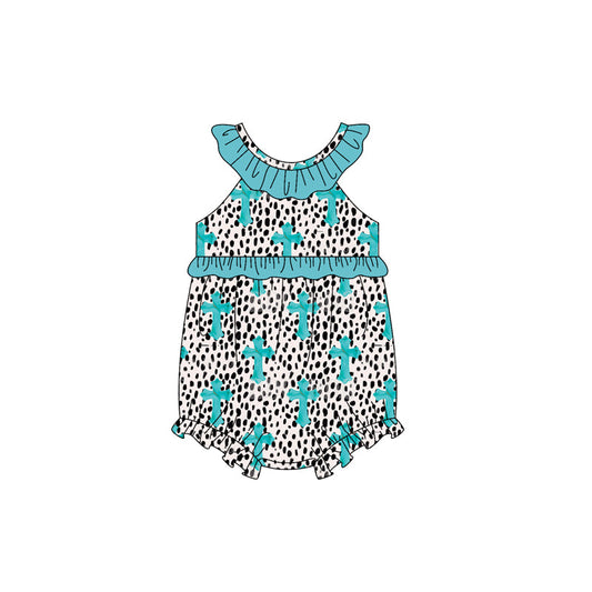 ( Moq 5 ) Preorder Baby Girls Infant Easter Crosses Dots Green Ruffle Romper