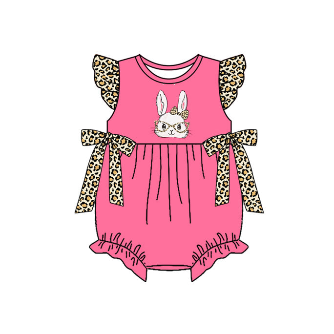 ( Moq 5 ) Preorder Baby Girls Short Sleeves Rabbits Leopard Bows Easter Pink Bubble Romper