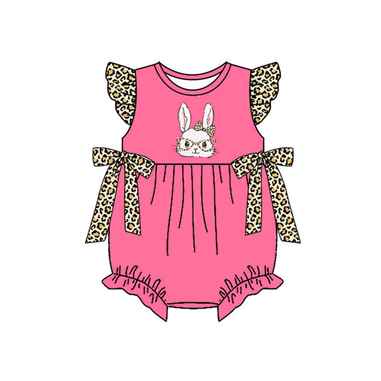 ( Moq 5 ) Preorder Baby Girls Short Sleeves Rabbits Leopard Bows Easter Pink Bubble Romper