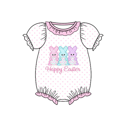 ( Moq 5 ) Preorder Baby Girls Short Sleeves Rabbits Dots Easter Ruffle Romper