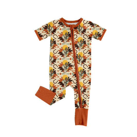 ( Moq 5 ) Preorder Baby Boys Kids Short Sleeves Aztec Cactus Western Two-way Zipper Romper