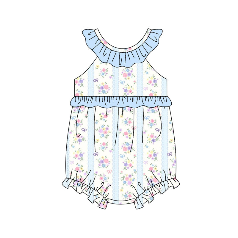 ( Moq 5 ) Preorder Baby Girls Flower Bows Blue Ruffle Summer Bubble Romper