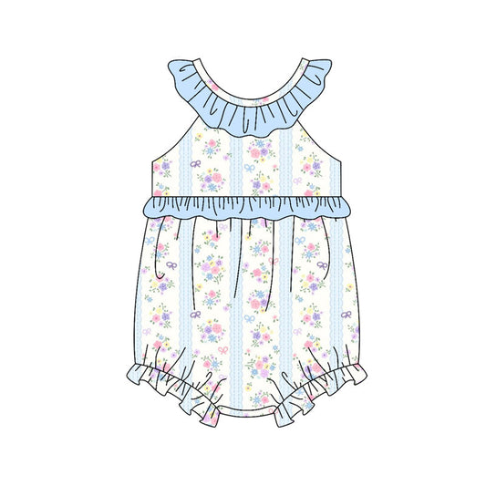( Moq 5 ) Preorder Baby Girls Flower Bows Blue Ruffle Summer Bubble Romper