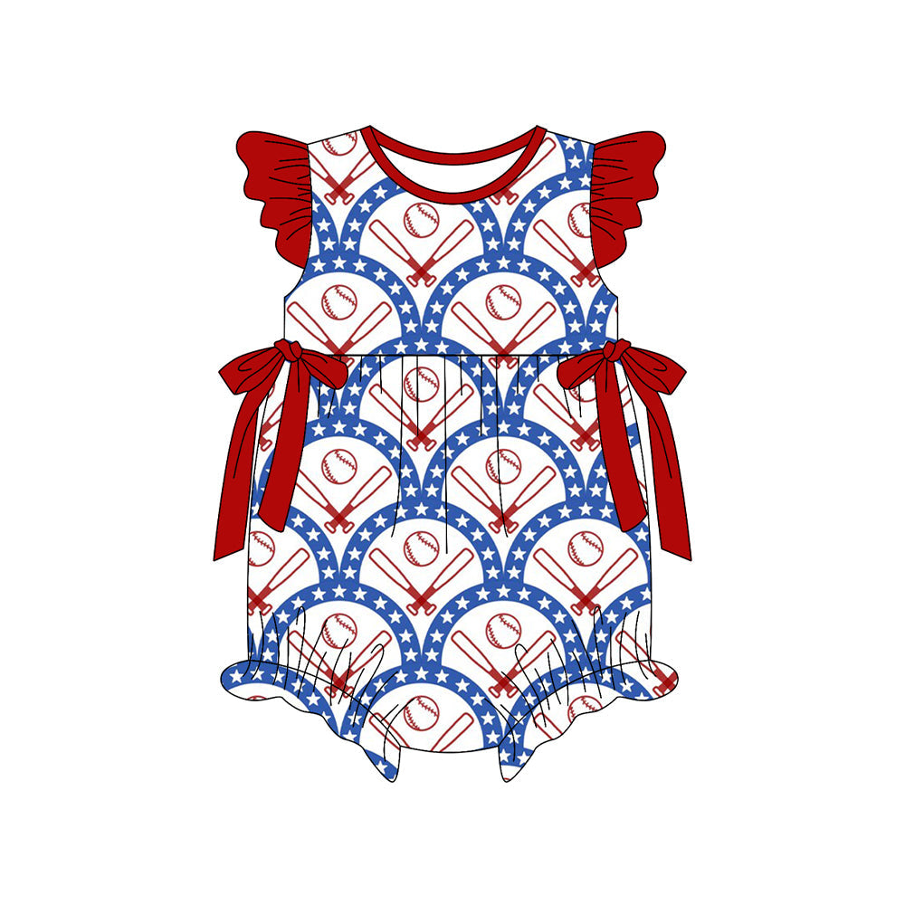 ( Moq 5 ) Preorder Baby Girls Short Sleeves Baseball Stars Red Bows 4th of July Bubble Romper